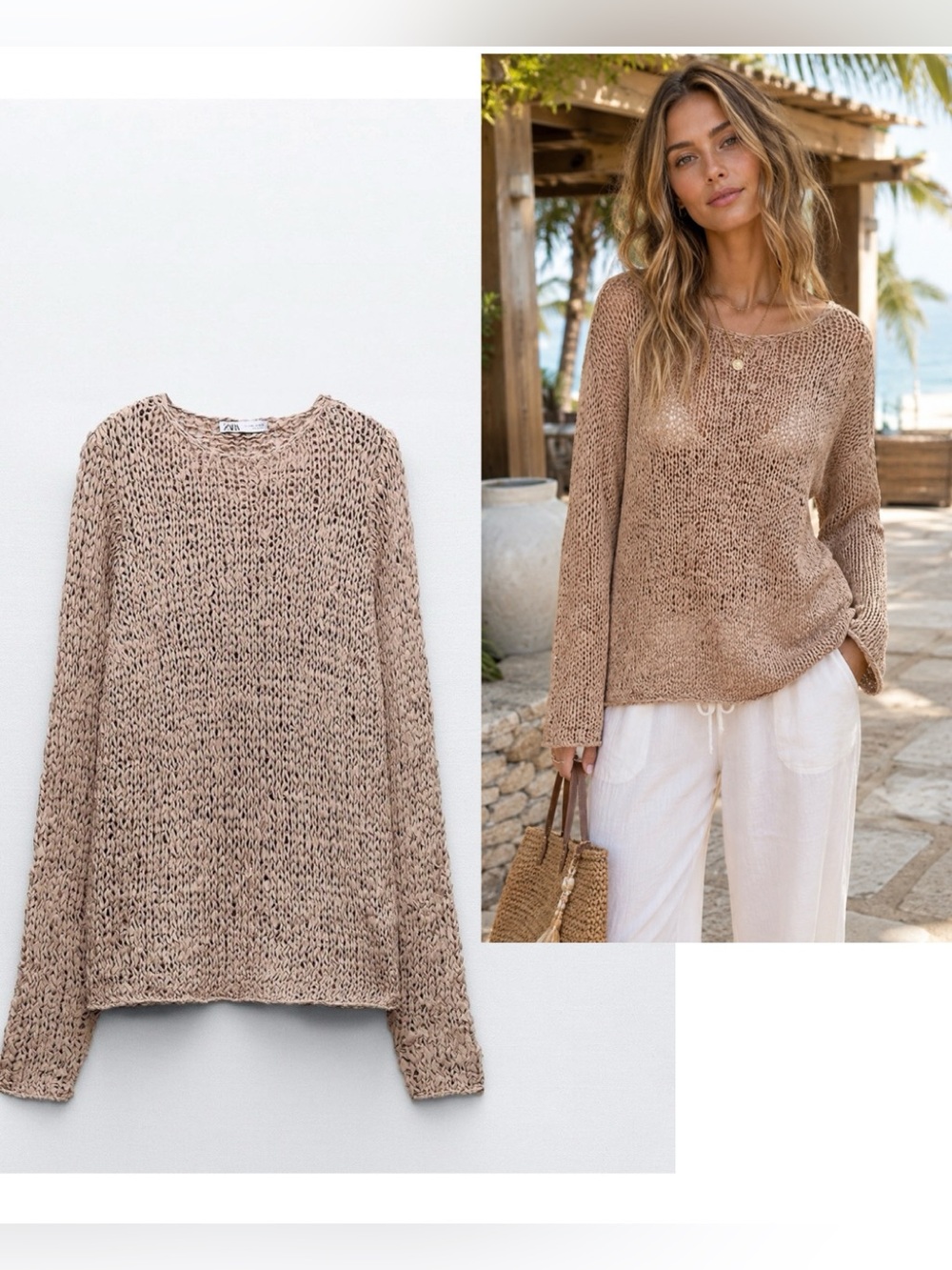Zara Open Weave Knit Boho Resort Sweater Beige Tan Long Sleeve Size M-L